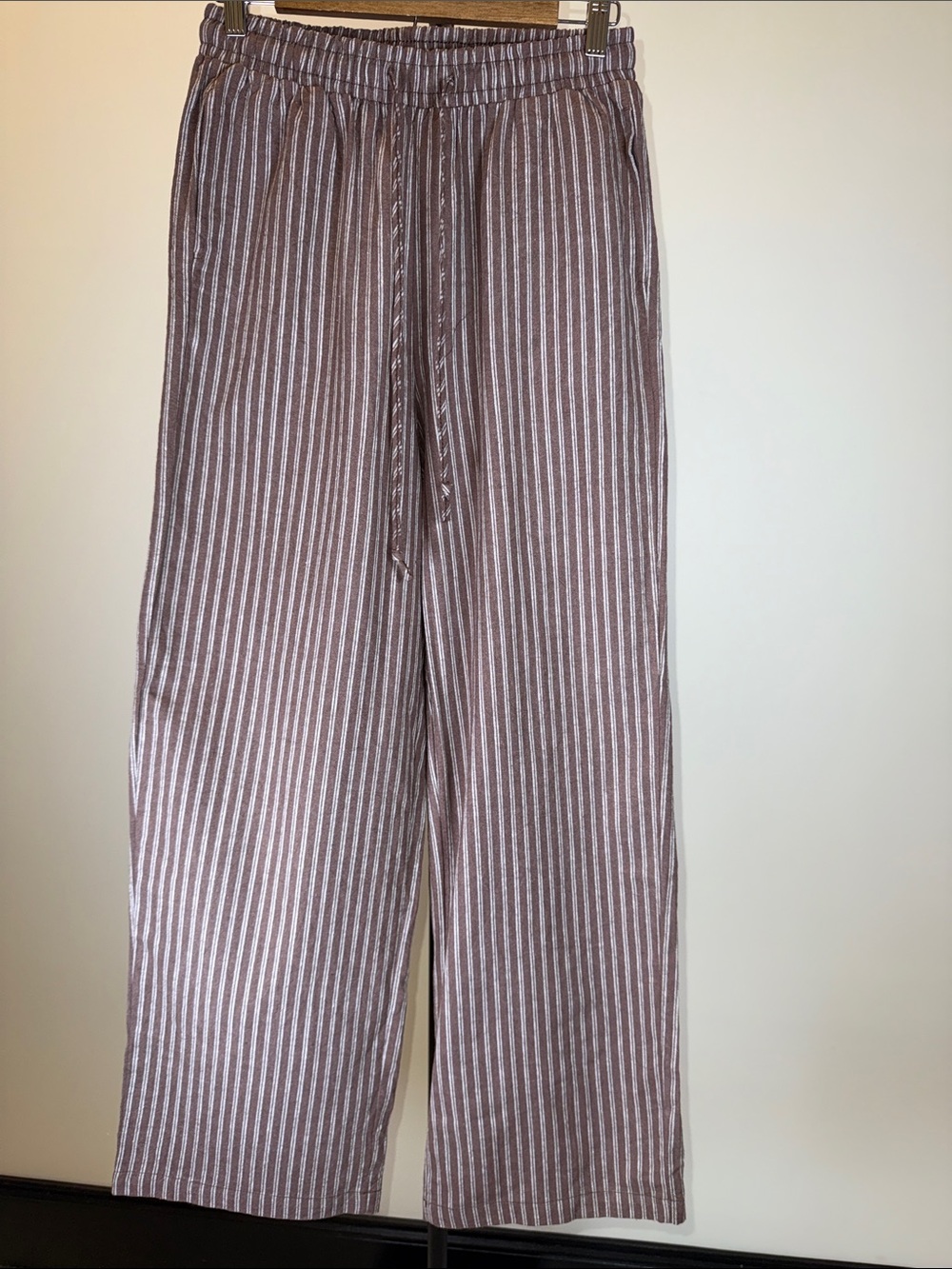 Striped Cotton Linen Blend Wide-Leg Drawstring Pants - Brown & White | Size M